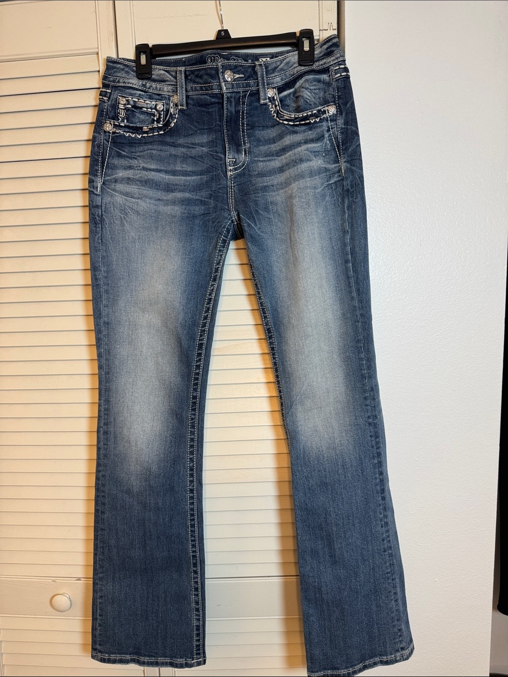 Miss Me Blue Faded Flare Jeans with Embellished Pockets